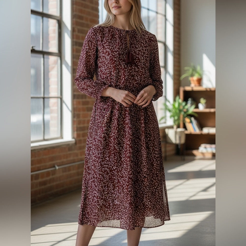 Boden burgundy floral midi dress Women’s Size 8 romantic boho peasant midi dress